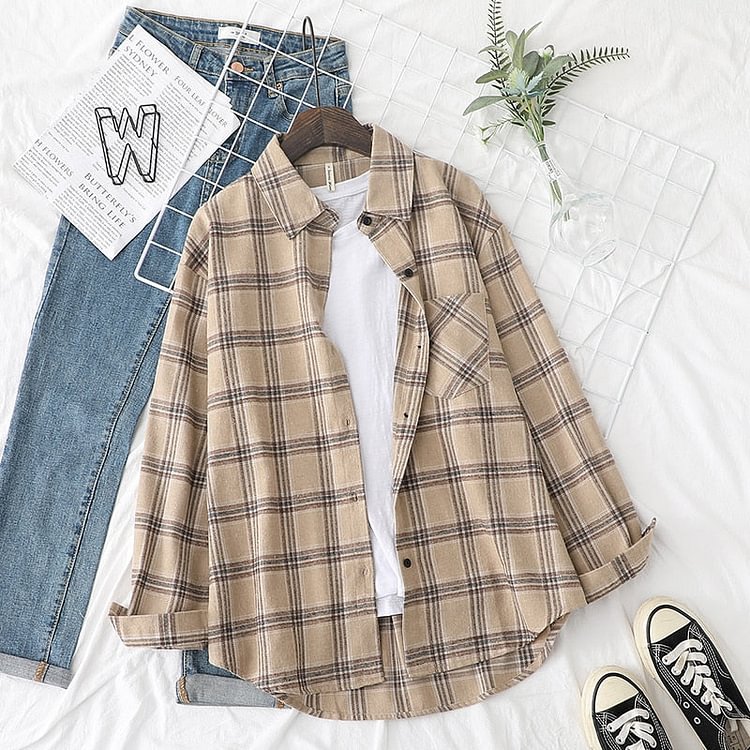2022 Spring New Plaid Flannel Shirt Women Blouses And Tops Retro Cotton Lady Loose Outwear Chemisier Femme