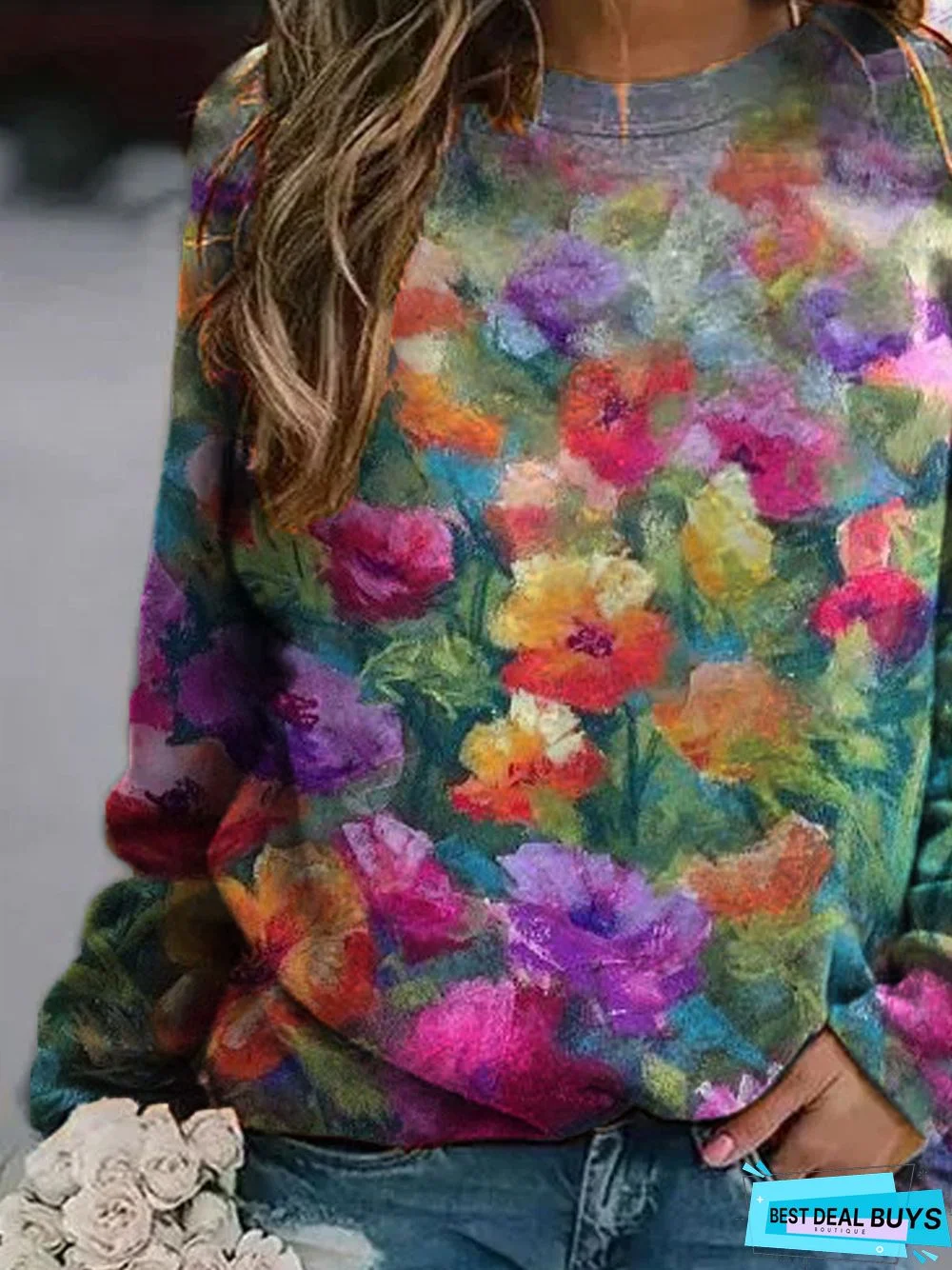 Crew Neck Floral Printed Casual Sweatshirts