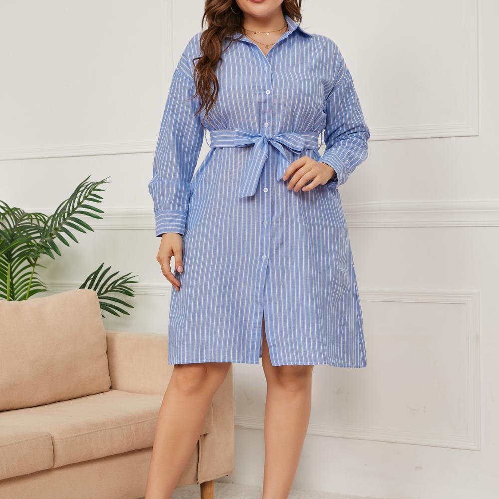  thdmladies Striped Breasted Long Sleeved Shirt Dress thedmladies