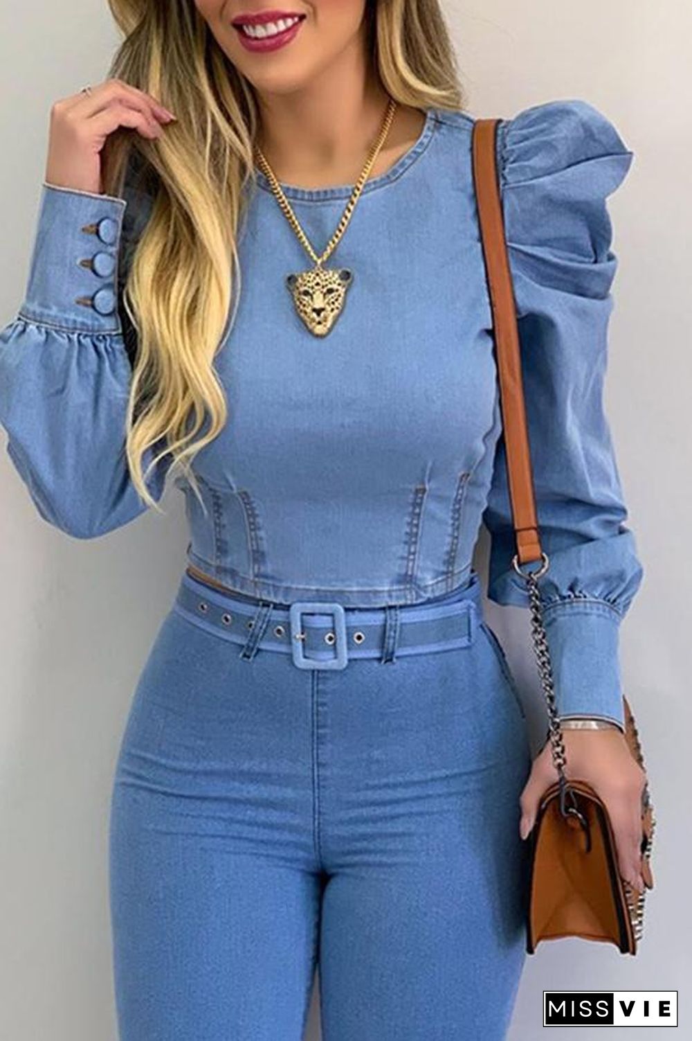 Puff Sleeve Round Neck Denim Blouse P14301