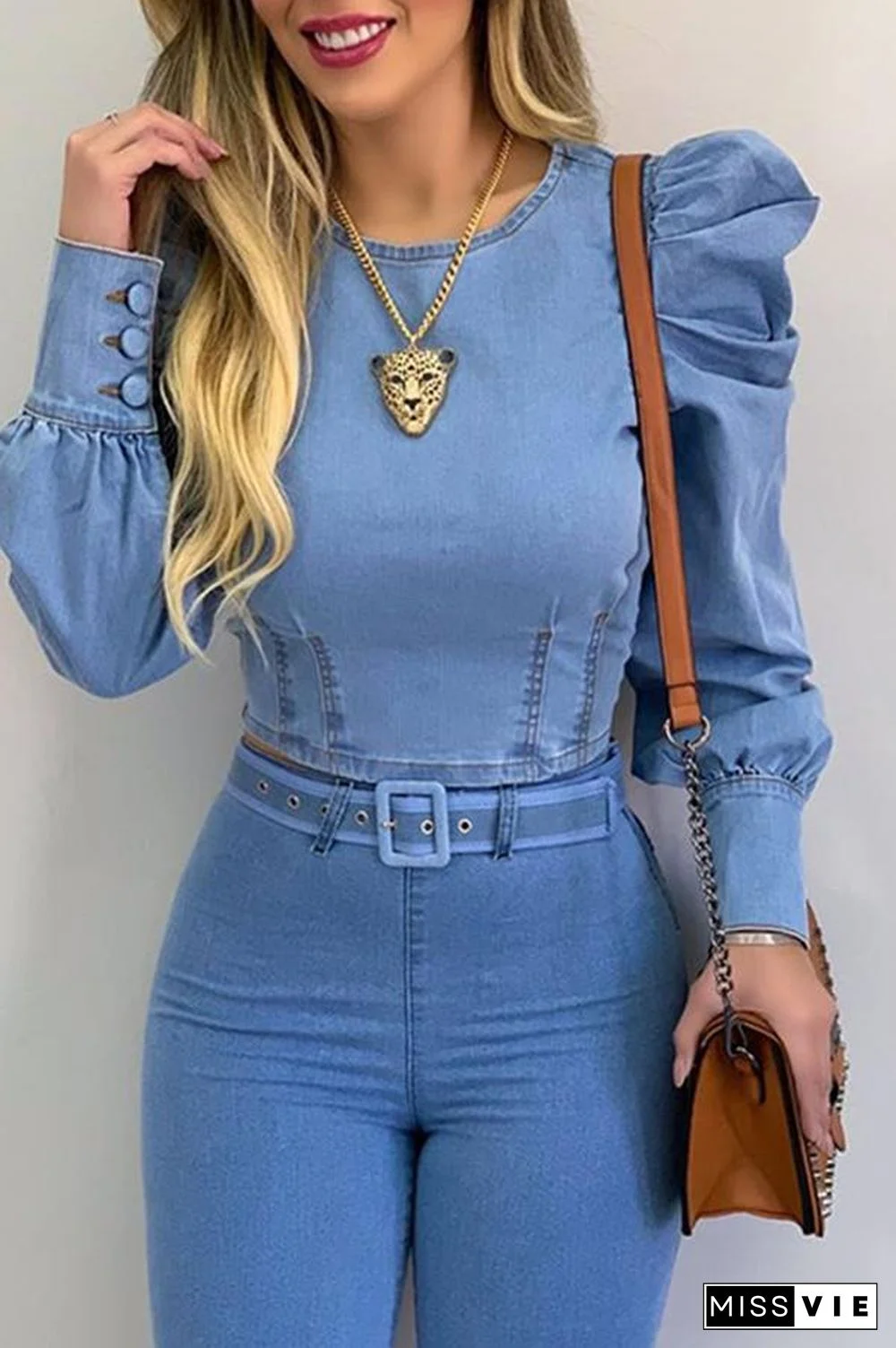 Puff Sleeve Round Neck Denim Blouse P14301