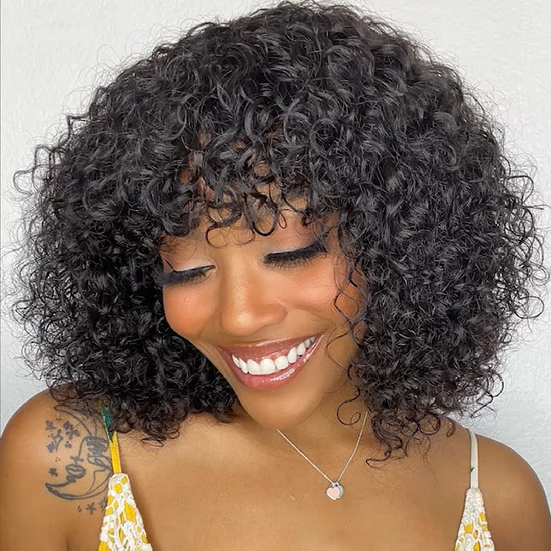 Water Wave Human Hair Wigs with Bangs for Black Women Full Machine Made Water Curly Short Bob Wigs Glueless Brazilian Remy Hair US Mall Lifes