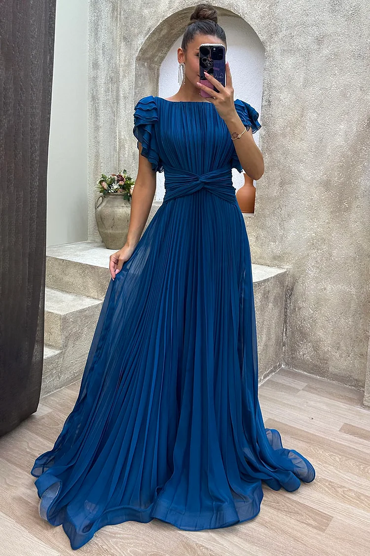 Ruffled Trim Short Sleeve Pleated Gowns Maxi Dresses-Blue [Pre Order]