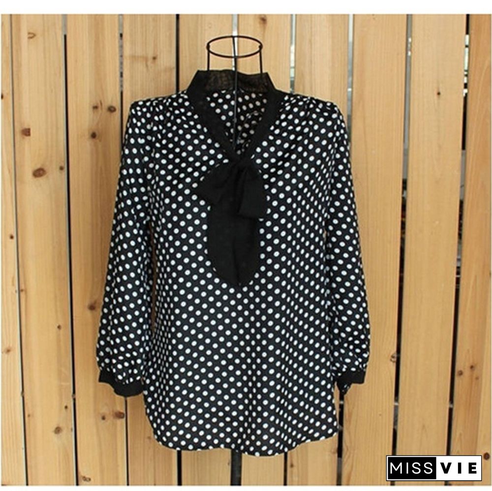 Spring And Summer Fashion Women Sweety Long Sleeve Chiffon Bowknot Shirt Hot Sale Casual O-Neck Dot Blouse Top