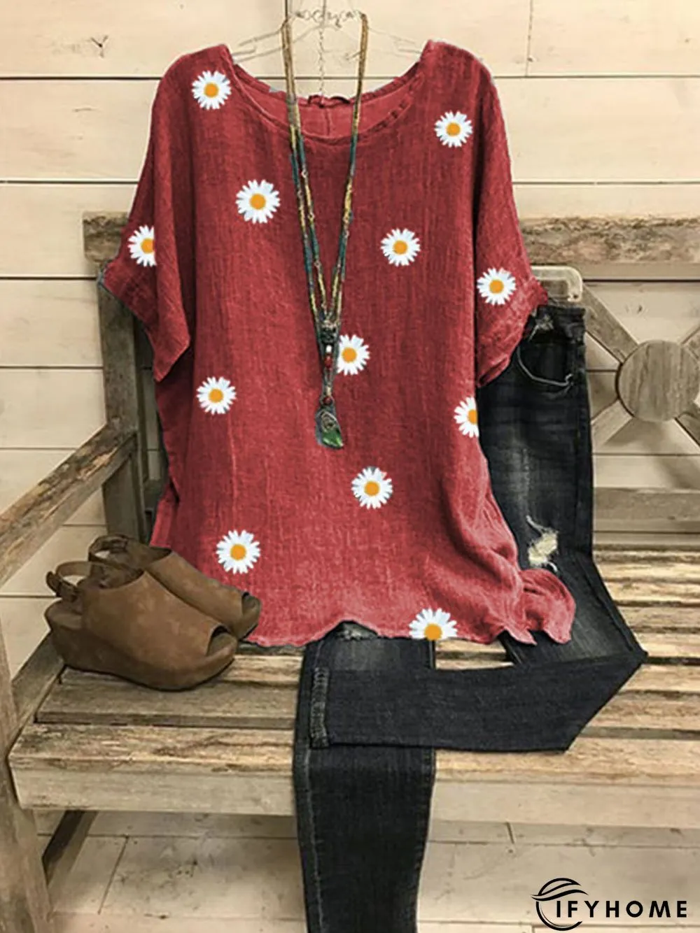 Gray Cotton-Blend Short Sleeve Floral Tops | IFYHOME