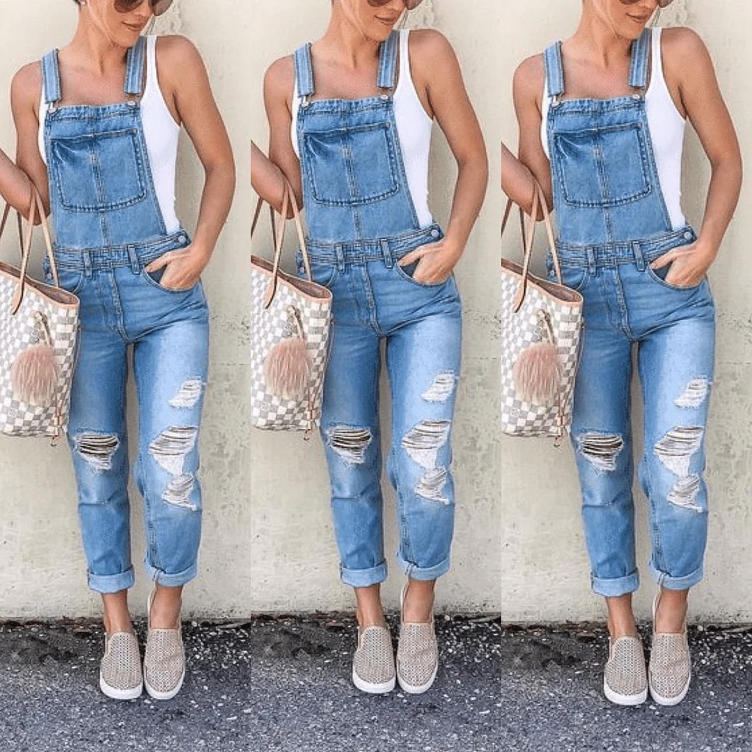 Women's Casual Denim Jumpsuit Ripped Fashion Denim Jumpsuit Overall with Pocket