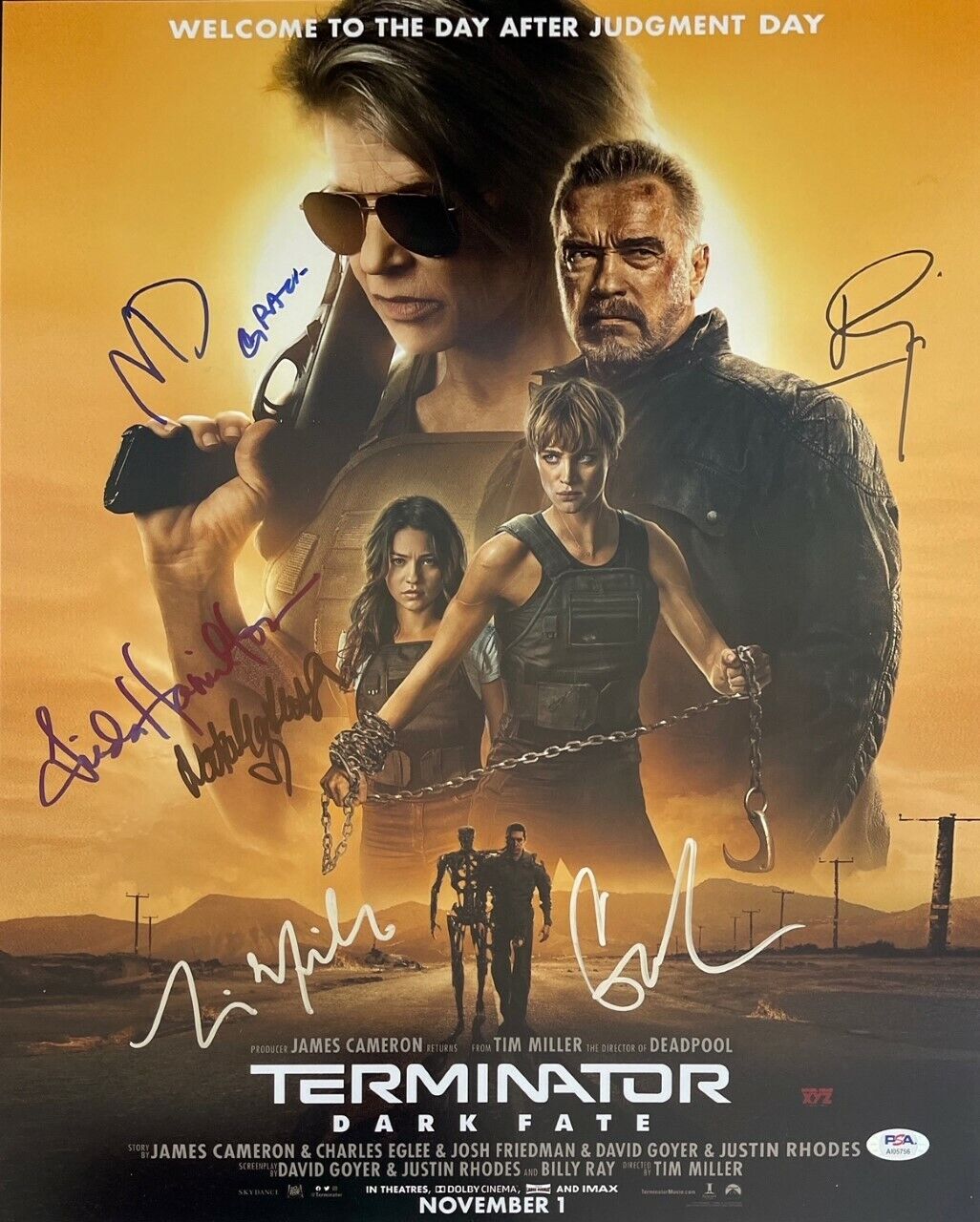 Linda Hamilton Mackenzie Davis +4 Signed Terminator Dark Fate 16x20 Photo Poster painting PSA 56