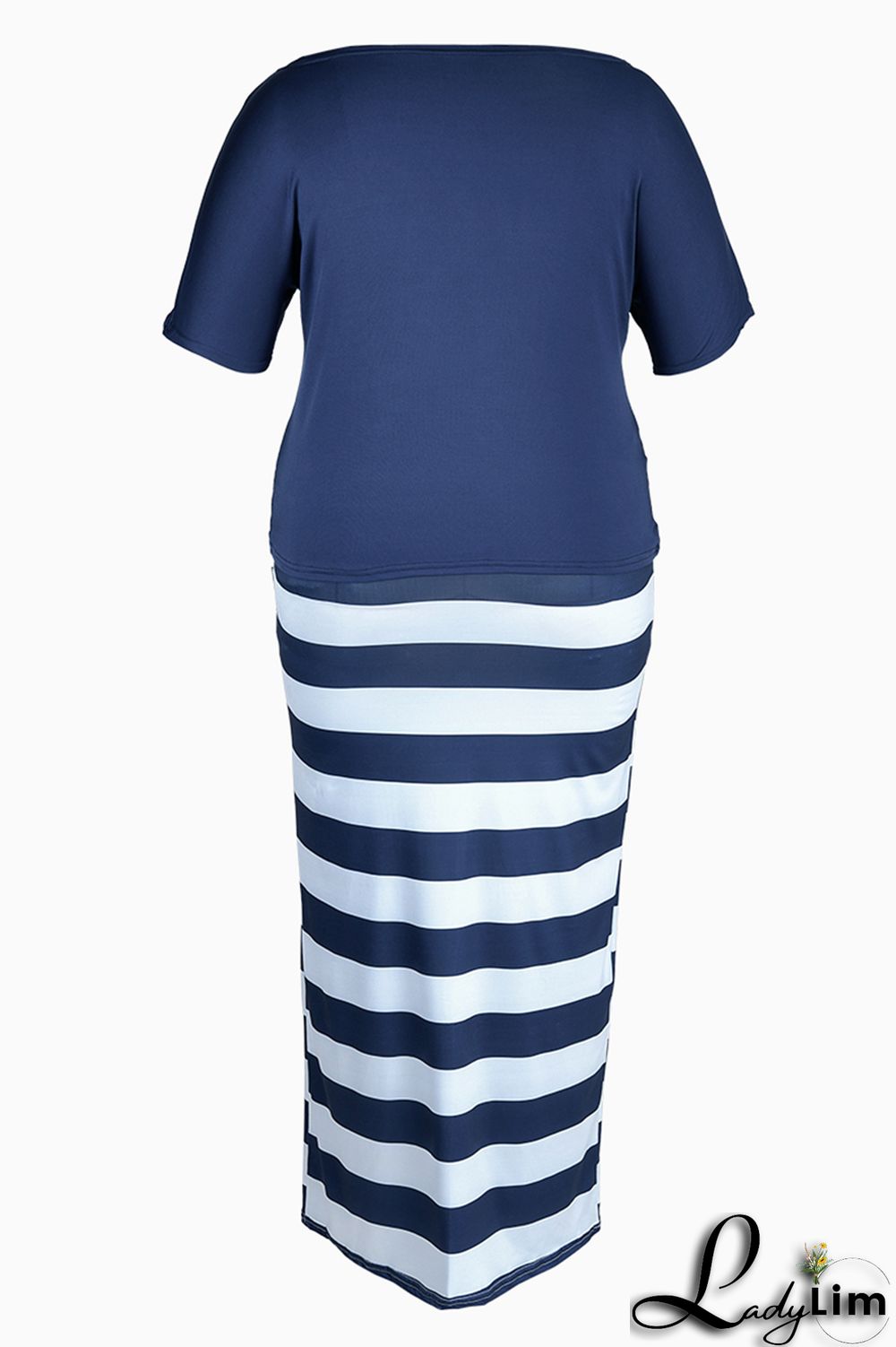 Deep Blue Fashion Casual Print Basic Oblique Collar Plus Size Two Pieces