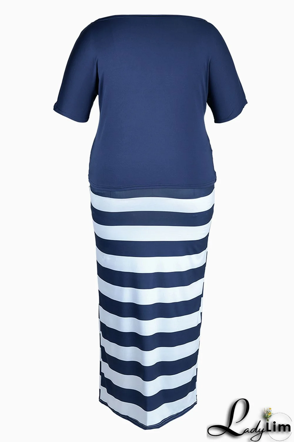 Deep Blue Fashion Casual Print Basic Oblique Collar Plus Size Two Pieces