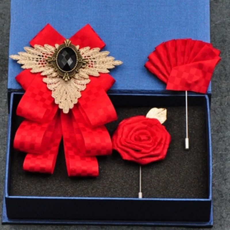 Fashion New Casual Multilayer Bowtie Diamond Brooch Rhinestone Red Bow Tie Brooch Set Wedding Groom Groomsmen Pocket Square Men