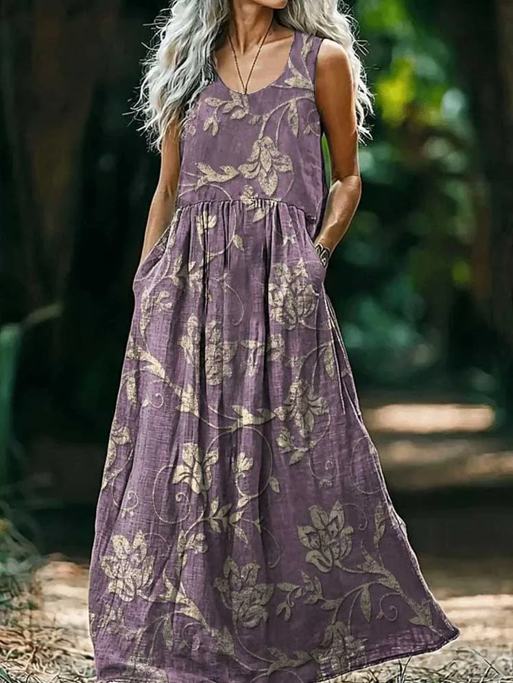 Women's Folk Floral Print Round Neck Sleeveless Cotton Pocket Dress