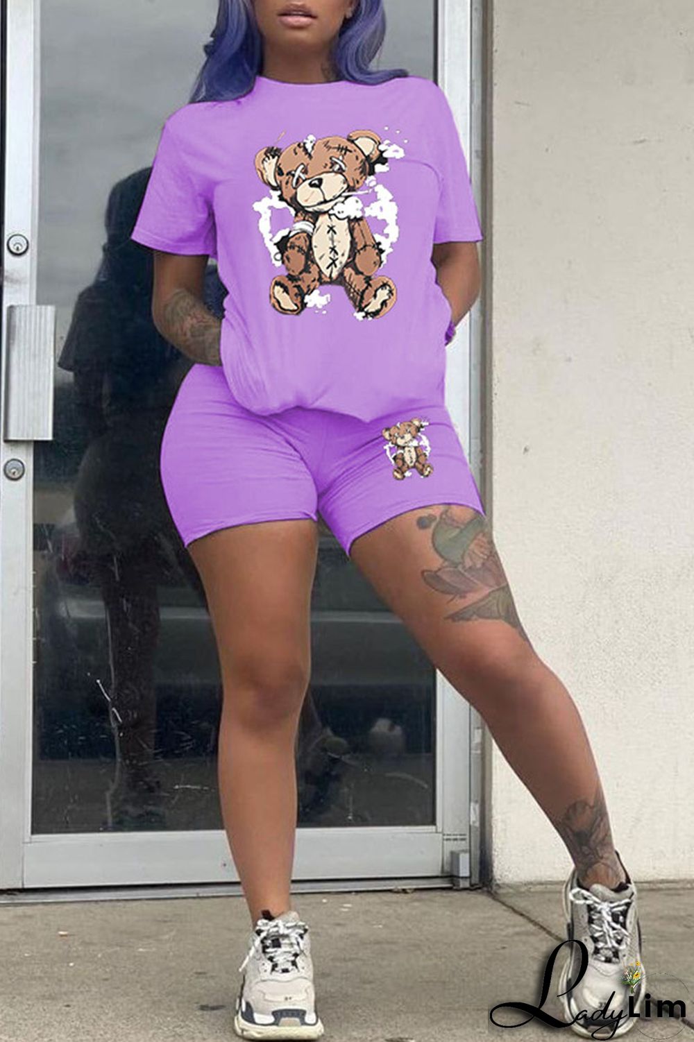 Purple Casual Print Patchwork O Neck Short Sleeve Two Pieces