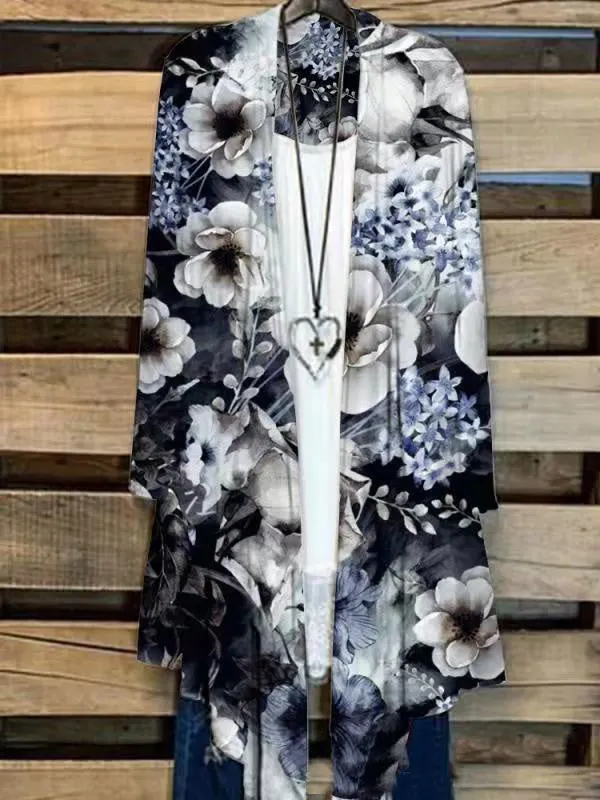 Women's Long Sleeve Casual Floral Printed Graphic Loose Cardigan Coat