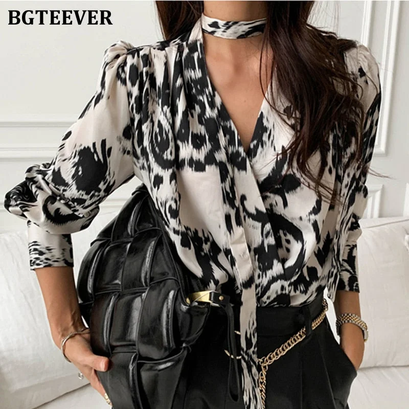 BGTEEVER Fashion Chic V-neck Leopard Print Women Blouse and Tops 2021 Spring Long Sleeve Loose Female Shirts Blusas Mujer