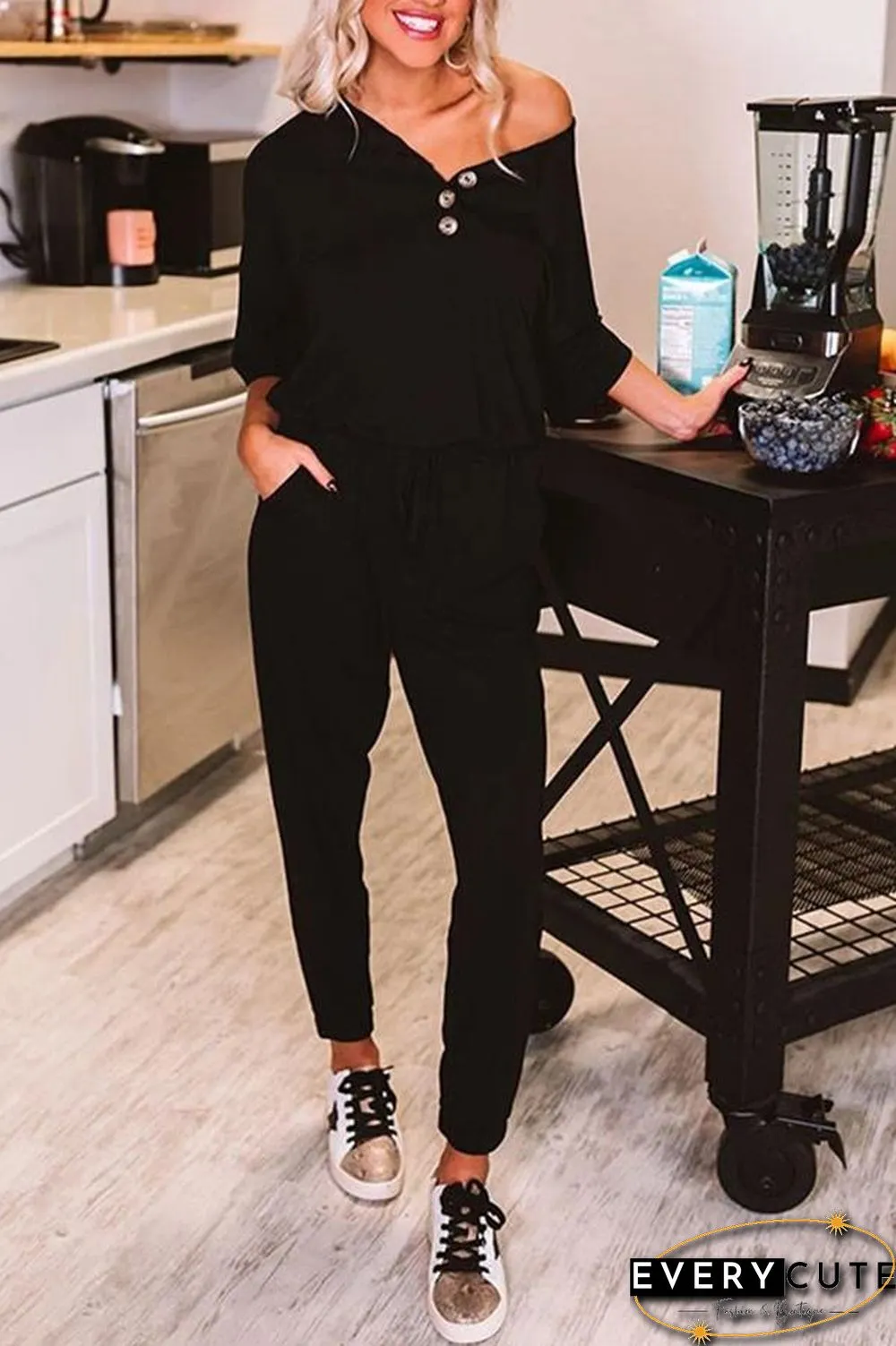 Solid Color Short Sleeve Casual Jumpsuit P15052