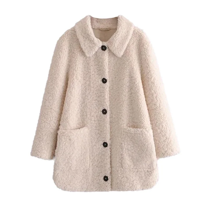 Aachoae 2021 Autumn Spring Casual Solid Lamb Fur Coat Women Long Sleeve Lady Fashion Pocket Jacket Turn Down Collar Teddy Coat