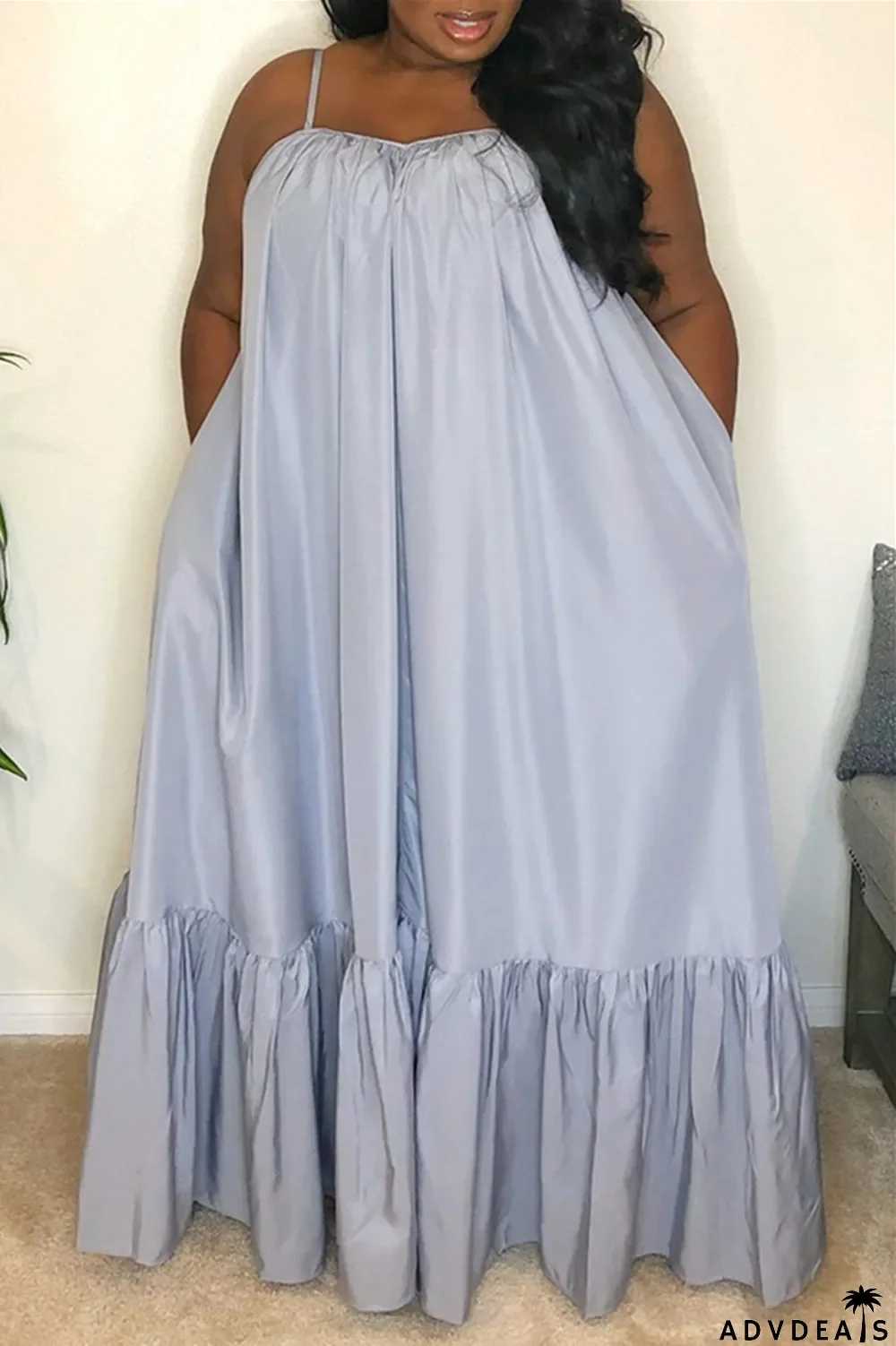 Dark Gray Sexy Casual Solid Backless Spaghetti Strap Loose Sling Dress