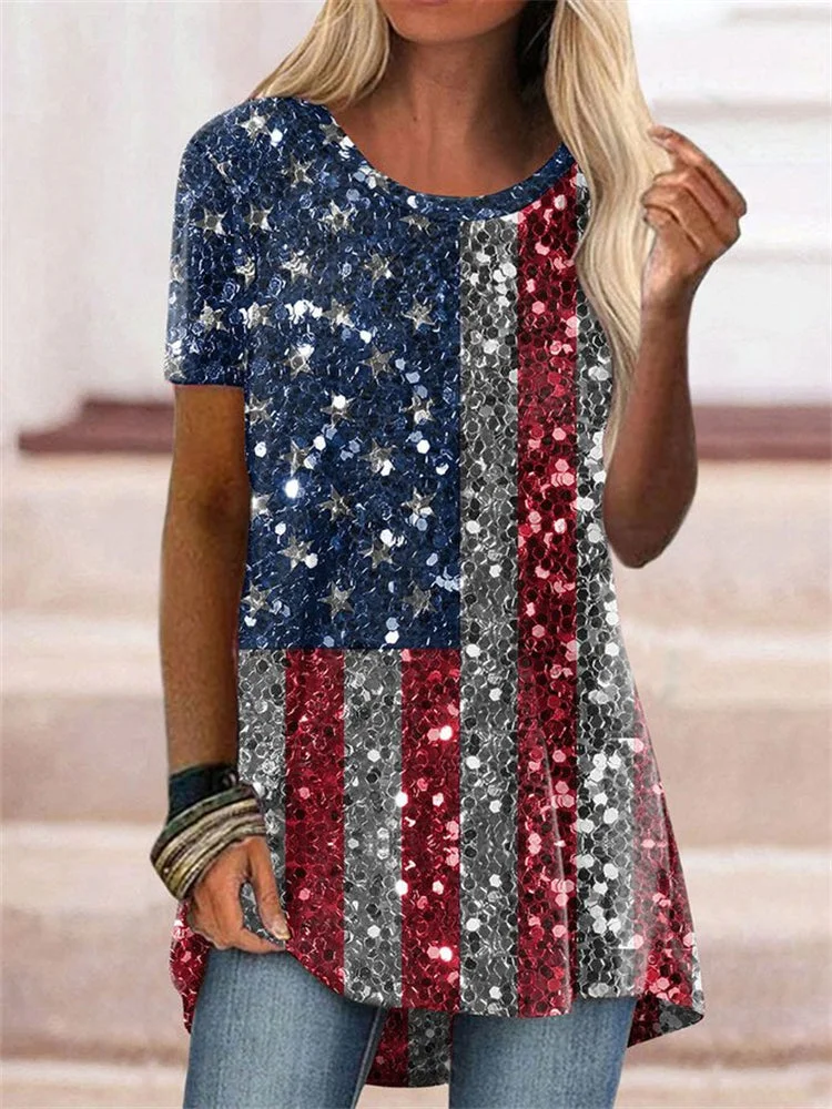 VChics American Flag Inspired Glitter Art Short Sleeve Tunic