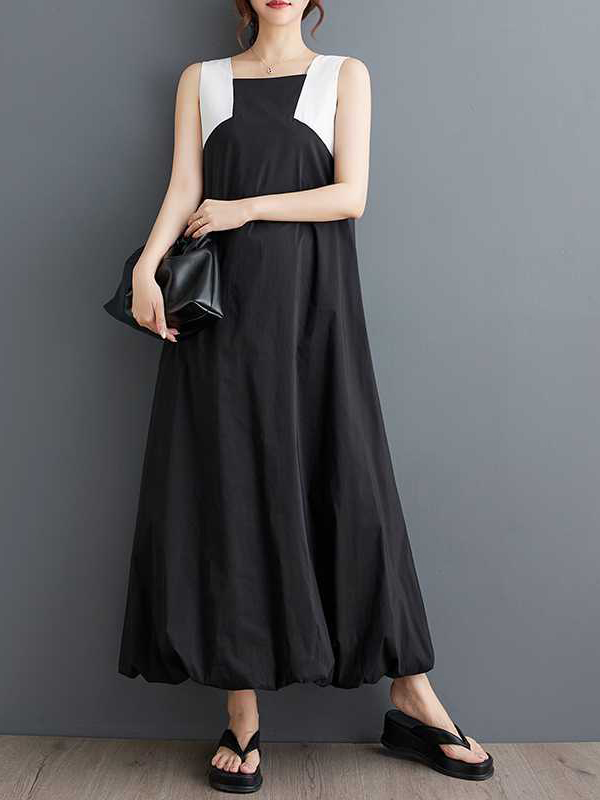 Colorblock Sleeveless Strap Simple Midi Dress