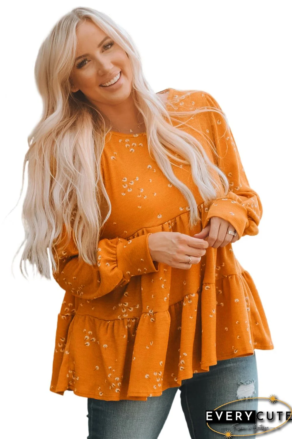 Floral Print Ruffle Long Sleeve Tunic Top