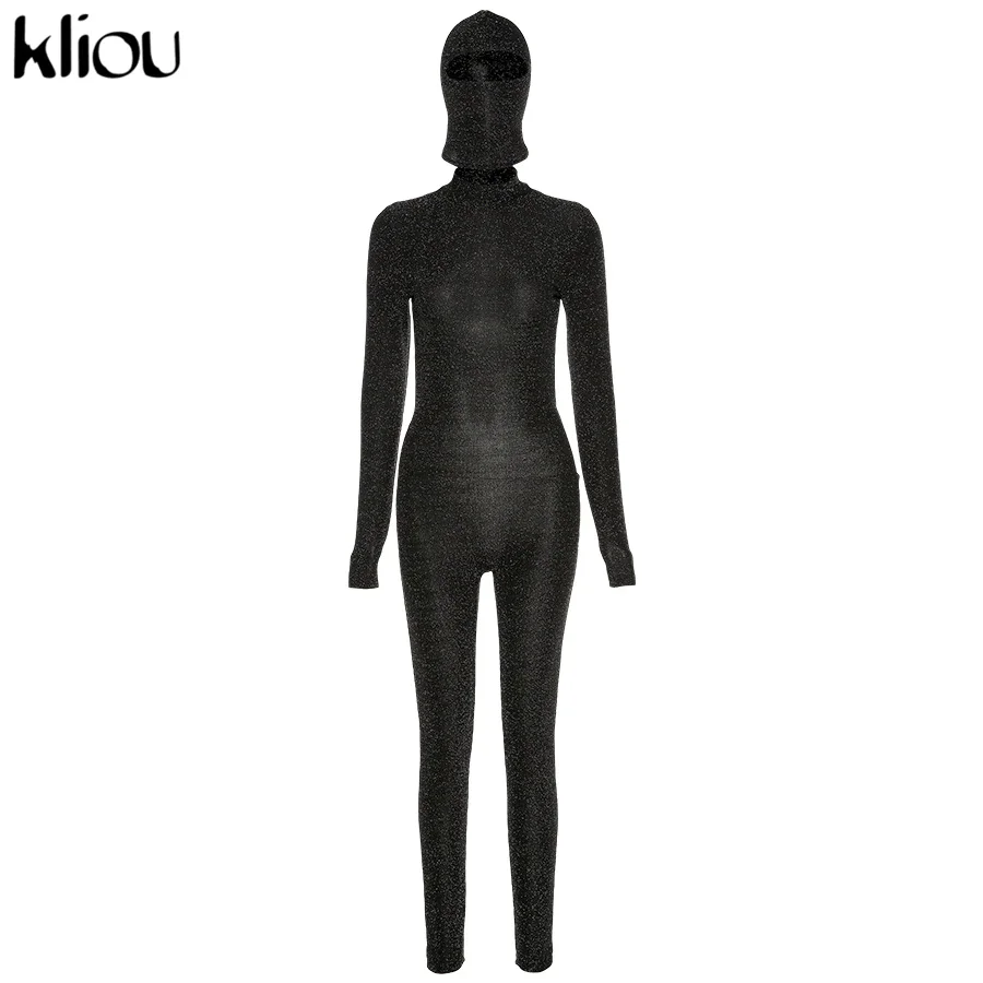 CARTOONH Kliou Shiny Outstanding Bodycon Hooded Jumpsuit Women Long Sleeve Sexy Backless Fashion Streetwear Skinny Slim Female Overall
