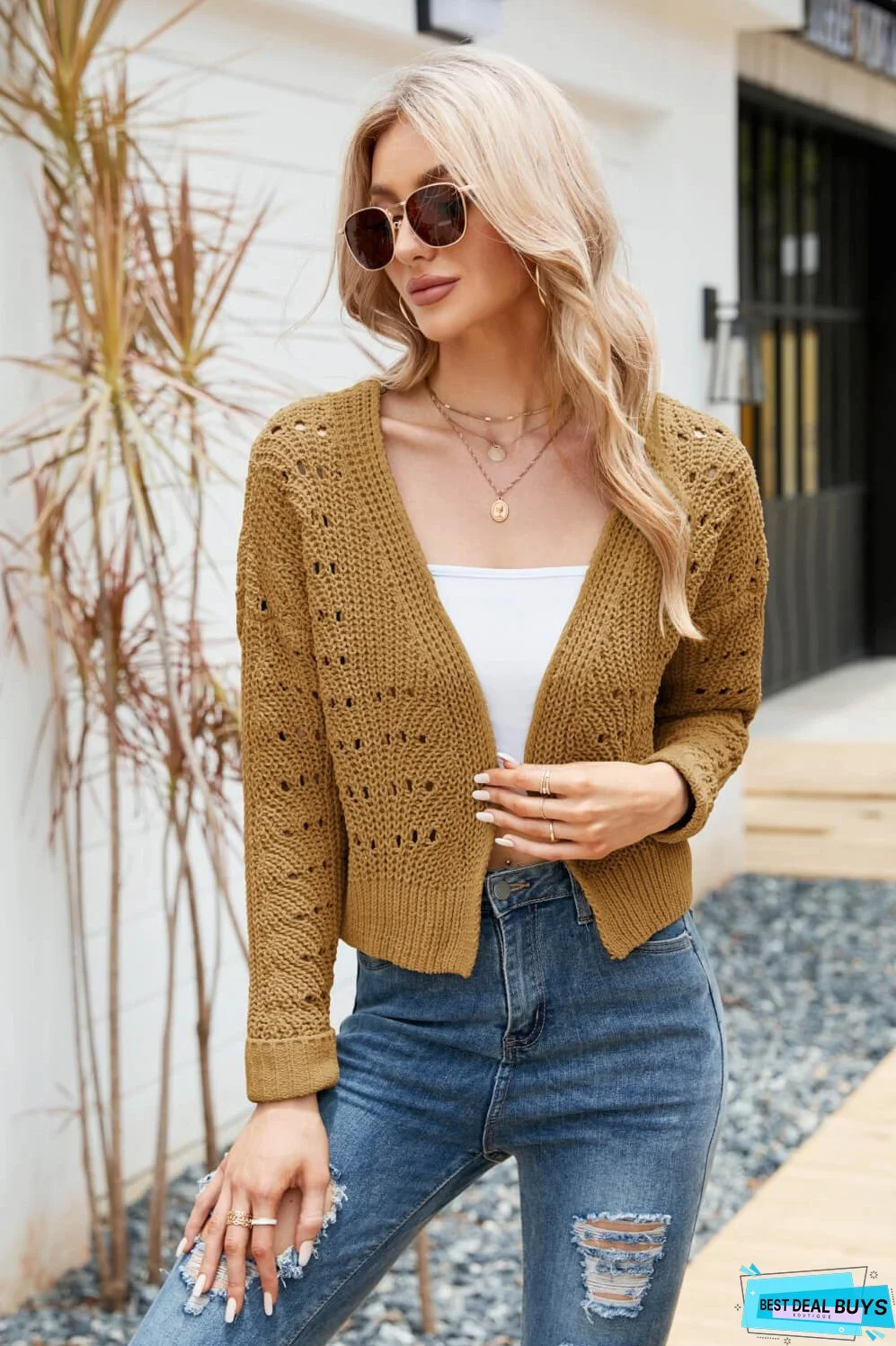 Open Front Cuffed Cropped Cardigan
