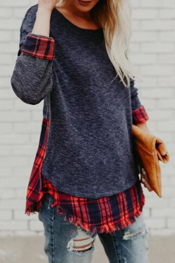 Plaid Patchwork Round Collar Sweatshirt-Allyzone-Allyzone