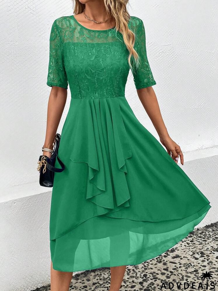 Contrast Lace Ruffle Trim Lace Bodice Dress