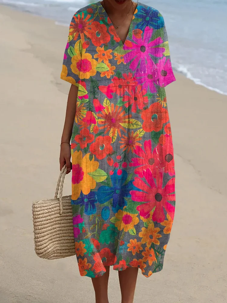 Bohemian Floral Print V Neck Midi Dress