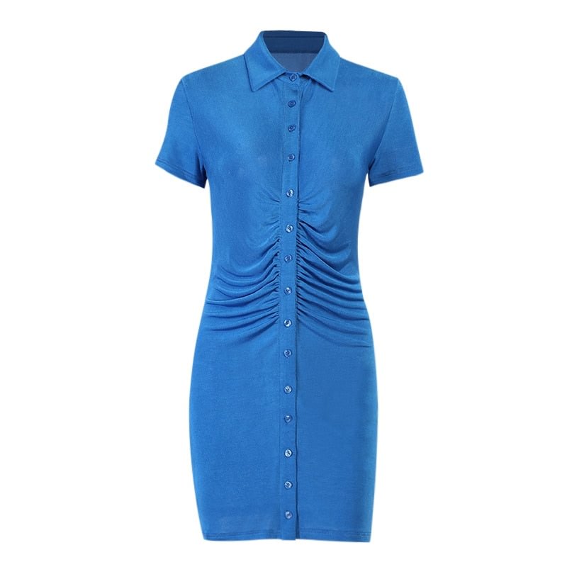 WannaThis Mini Dresses Women Short Sleeve Button Turn-Down Collar Sexy Fashion Casual Summer Dresses Skinny Elastics Blue Solid