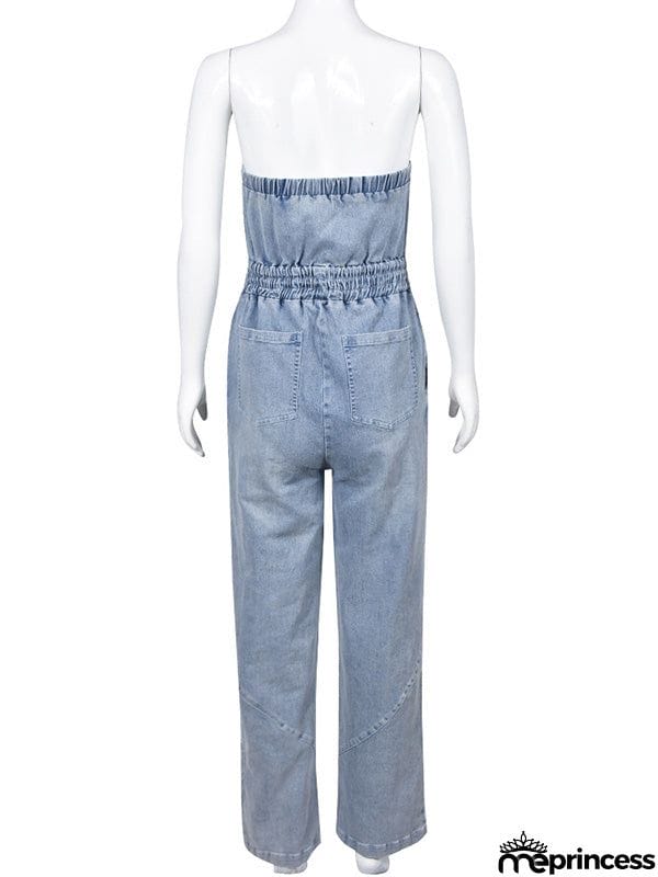 Sleeveless Straight Leg Elasticity Pleated Pockets Split-Joint Tube Jumpsuits