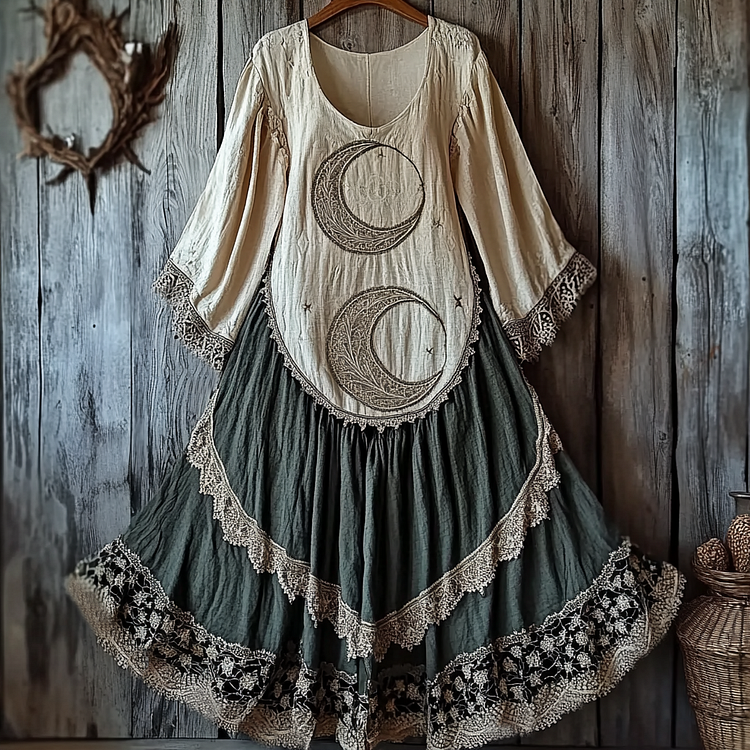 Utbros Women's Retro Tribal Star And Moon Splicing Lace Cotton And Linen Long Sleeve Dress