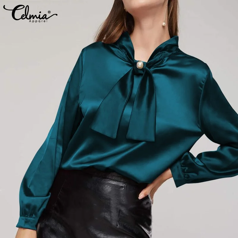 Celmia Women Elegant Satin Blouse 2022 Fashion Bow Tie Office Tops Long Sleeve Casual Autumn Slik Shirts Oversized Party Blusas