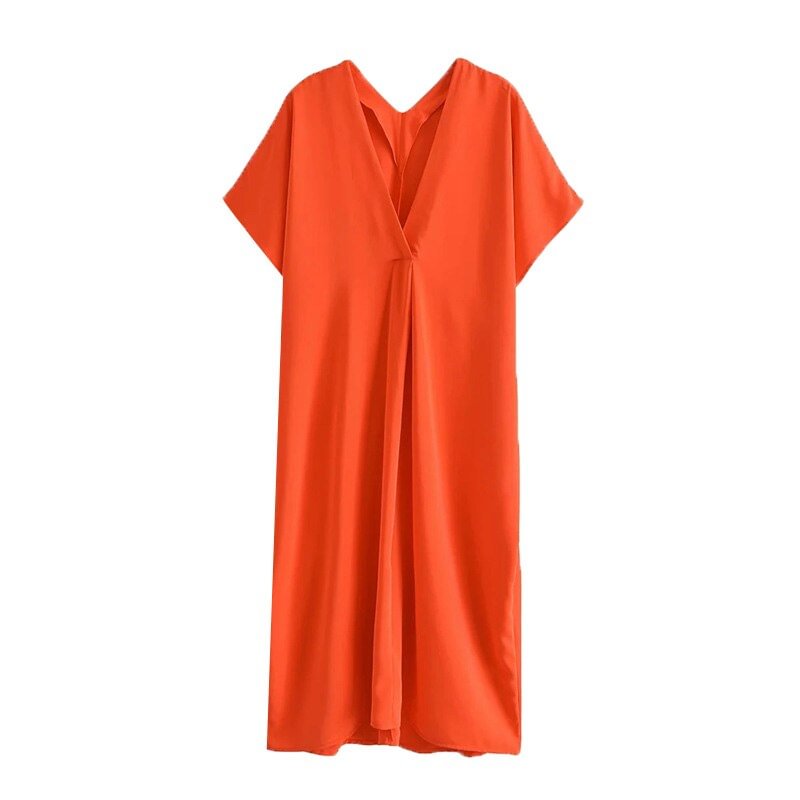 TRAF Women Fashion Soft Touch Pleated Asymmetry Midi Dress Vintage V Neck Wide Sleeve Female Dresses Vestidos Mujer