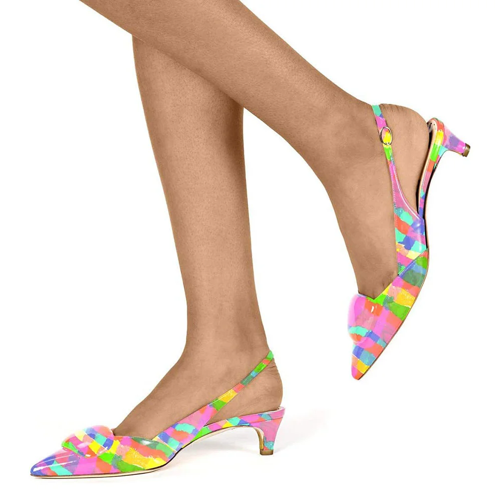 Rainbow Patent Leather Kitten Heel Slingback Shoes with Pointed Toe