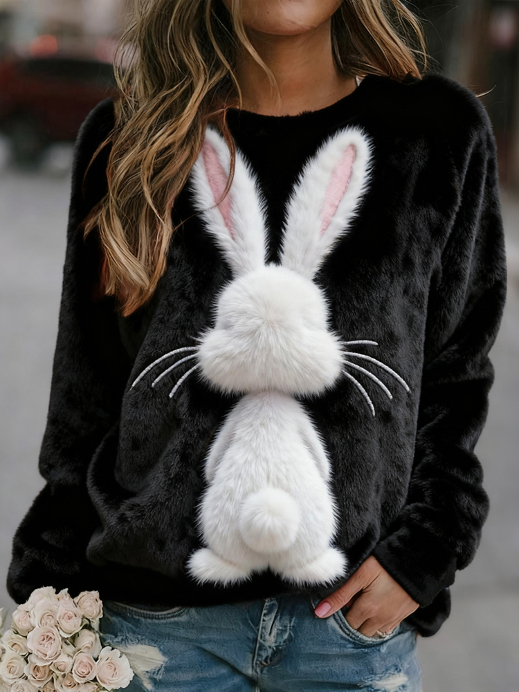 Lovely Fuzzy Bunny Art Round Neck Cozy Plush Sweatshirt elevenforest