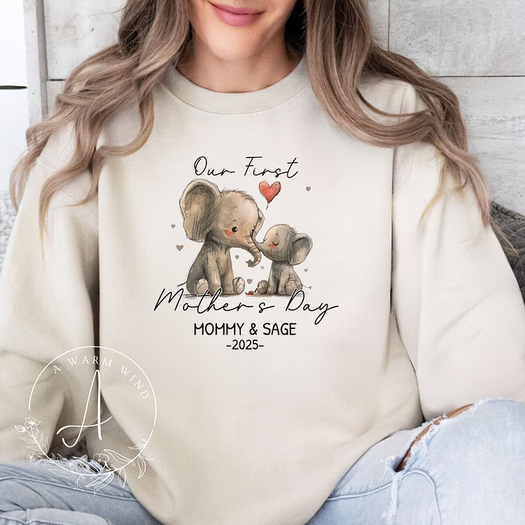 First Mother's Day Gift-Personalized Elephant Mom & Baby Sweatshirt