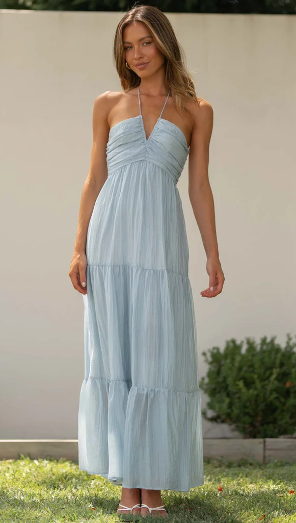 Halter Sleeveless Backless Tiered Pleated Flowy Vacation Maxi Dress