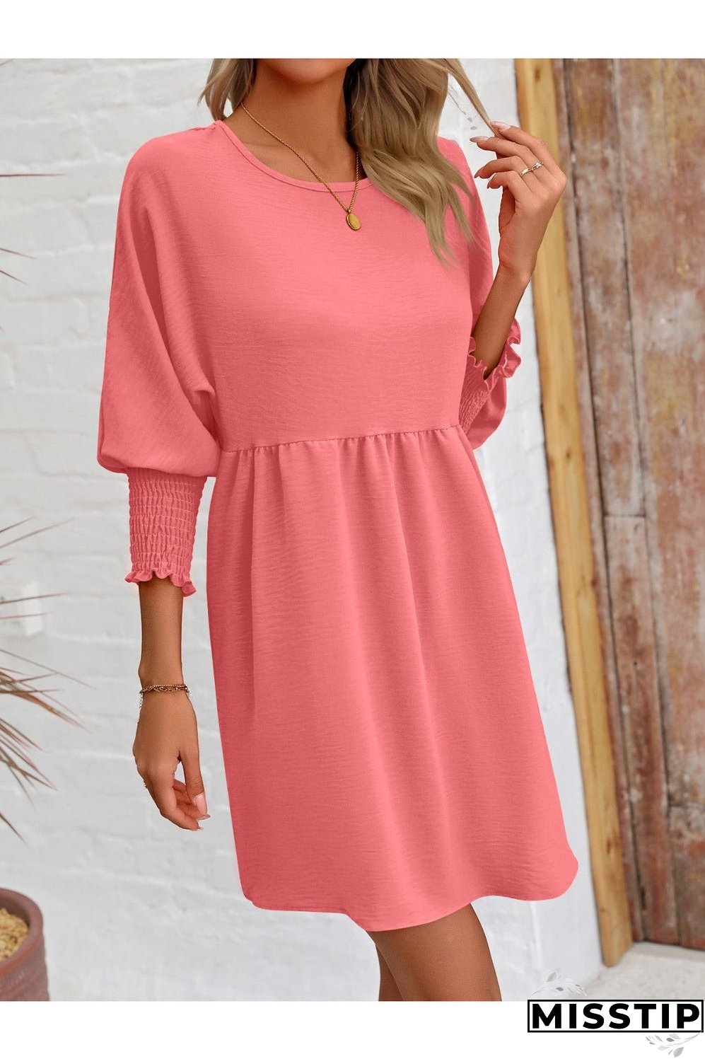 Round Neck Lantern Sleeve Mini Dress