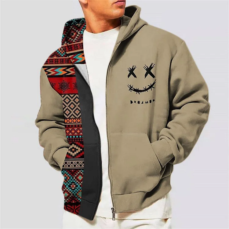 Casual Colorblock Ethnic Tribal Graphics Zipper Hooded Jacket