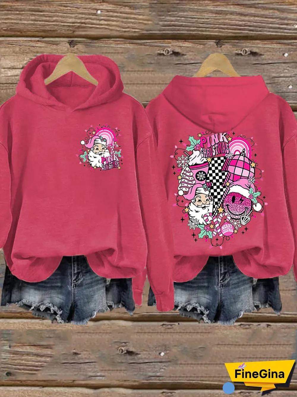 Women&rsquo;s Merry Christmas Retro Pink Christmas Pink Santa Claus Printed Hoodie