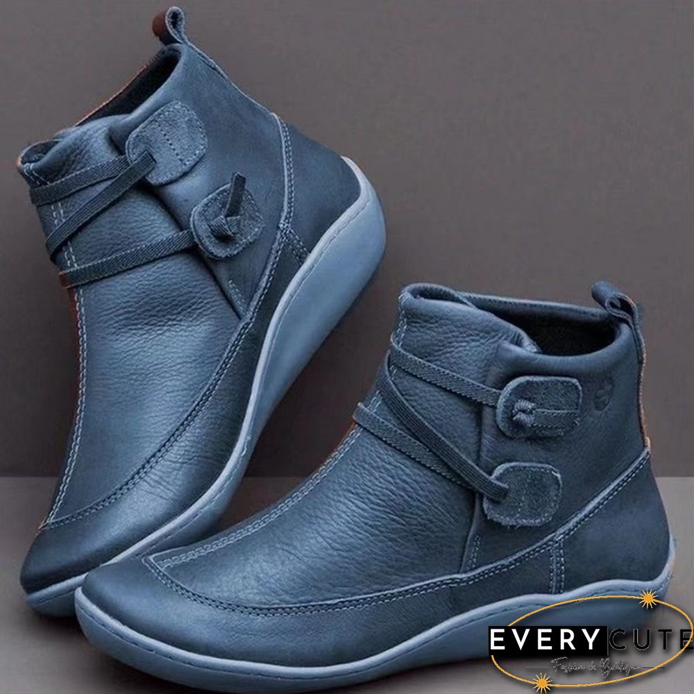 New Fashion Womens Medieval Vintage Leather Boots Braided Strap Flat Heel All Season