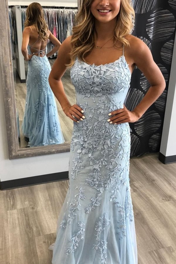Luluslly Spaghetti-Straps Appliques Mermaid Long Prom Dress