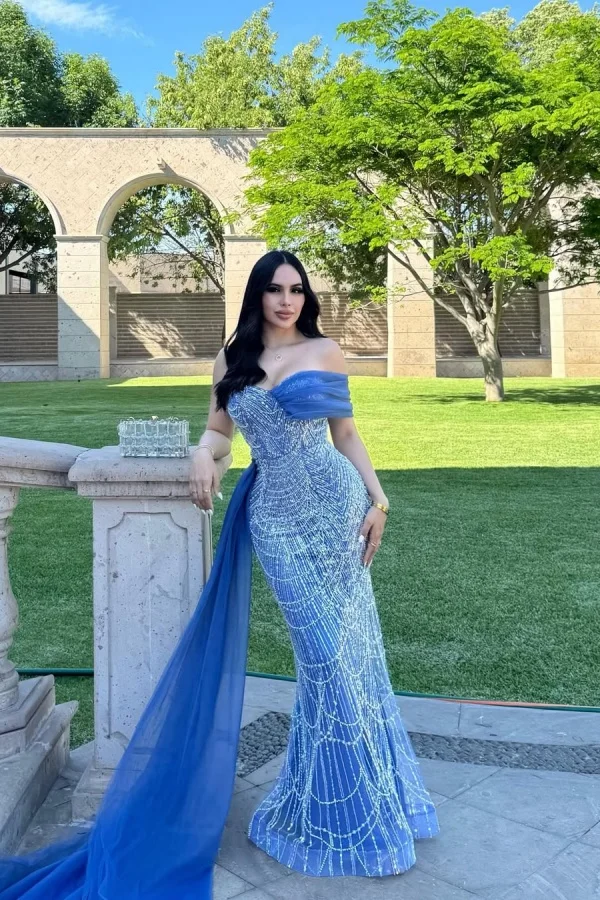 Elegant One Shoulder Blue Beadings Mermaid Prom Dress With Side Train YK0082