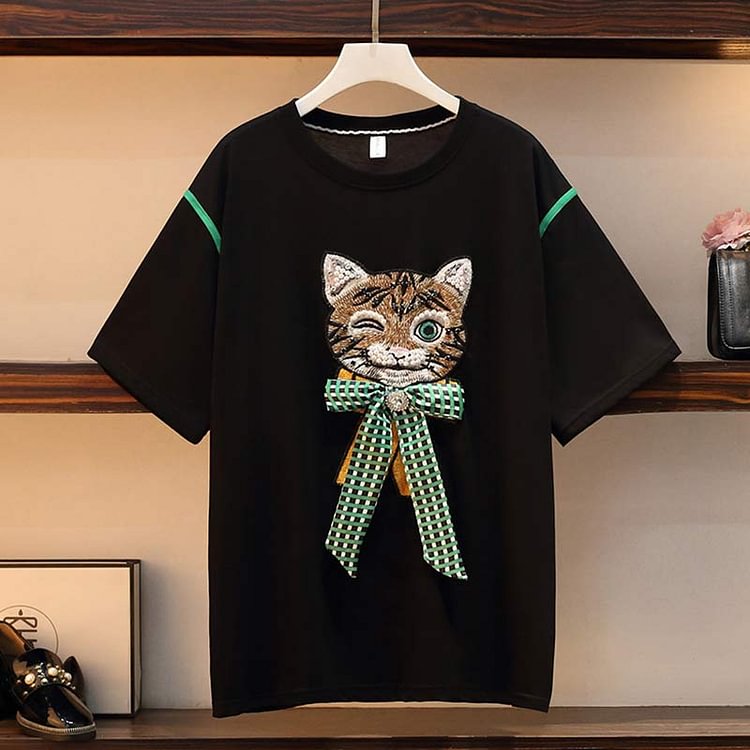 Cartoon Cat Embroidery T-Shirt Overalls Shorts Set - Modakawa modakawa