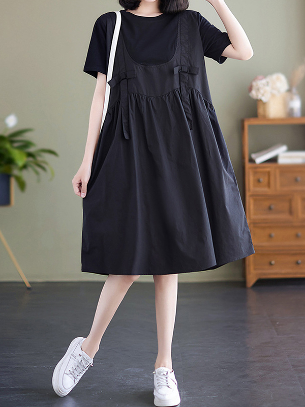 Fake Two-piece Patchwork Short Sleeve Midi Dress