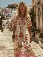 Vintage Boho Floral Pattern Comfy Linen Maxi Dress