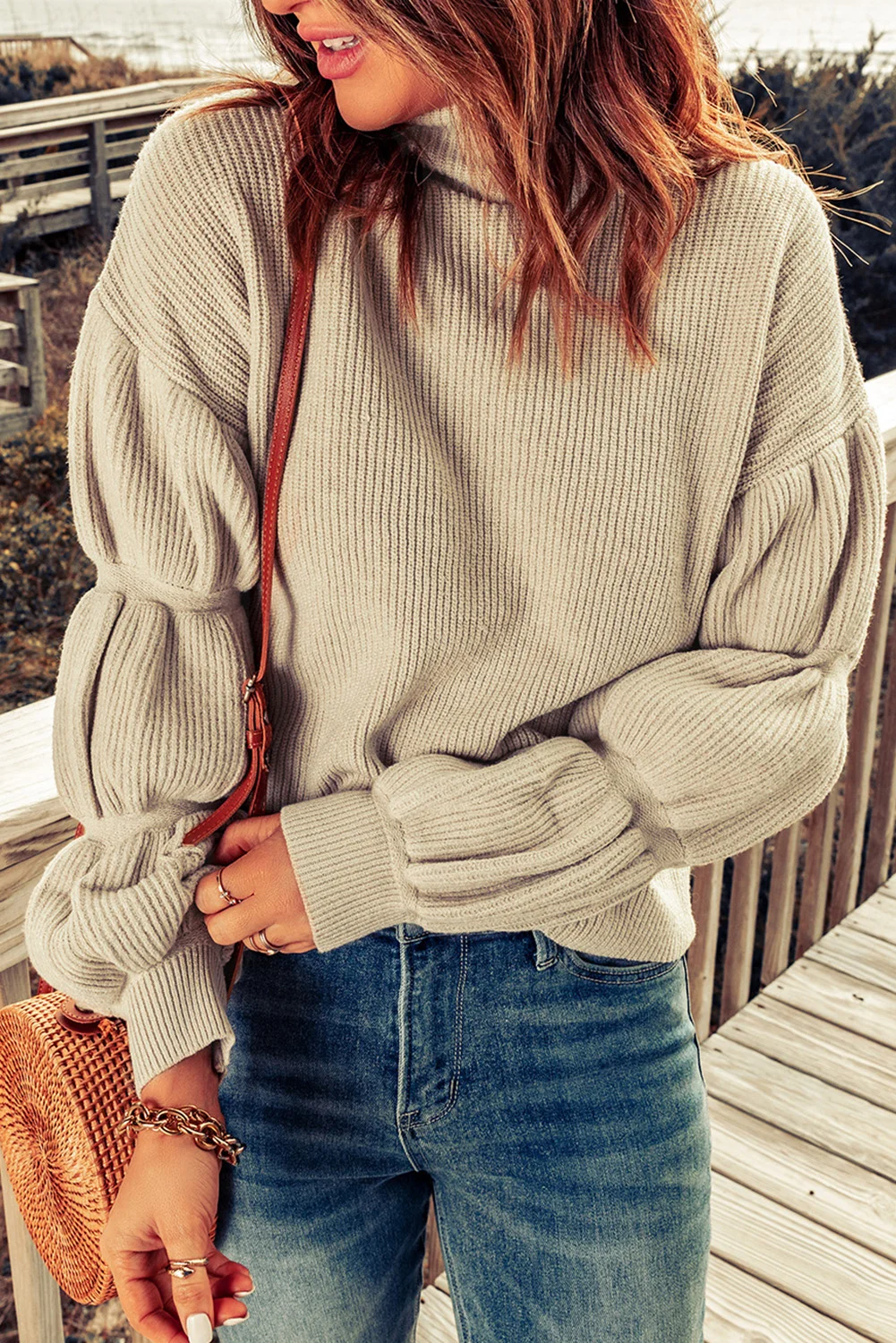 Khaki High Neck Drop Shoulder Rib Knit Sweater | IFYHOME