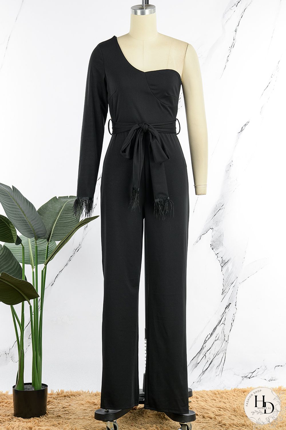 Black Casual Solid Bandage Patchwork Feathers Asymmetrical Collar Regular Jumpsuits