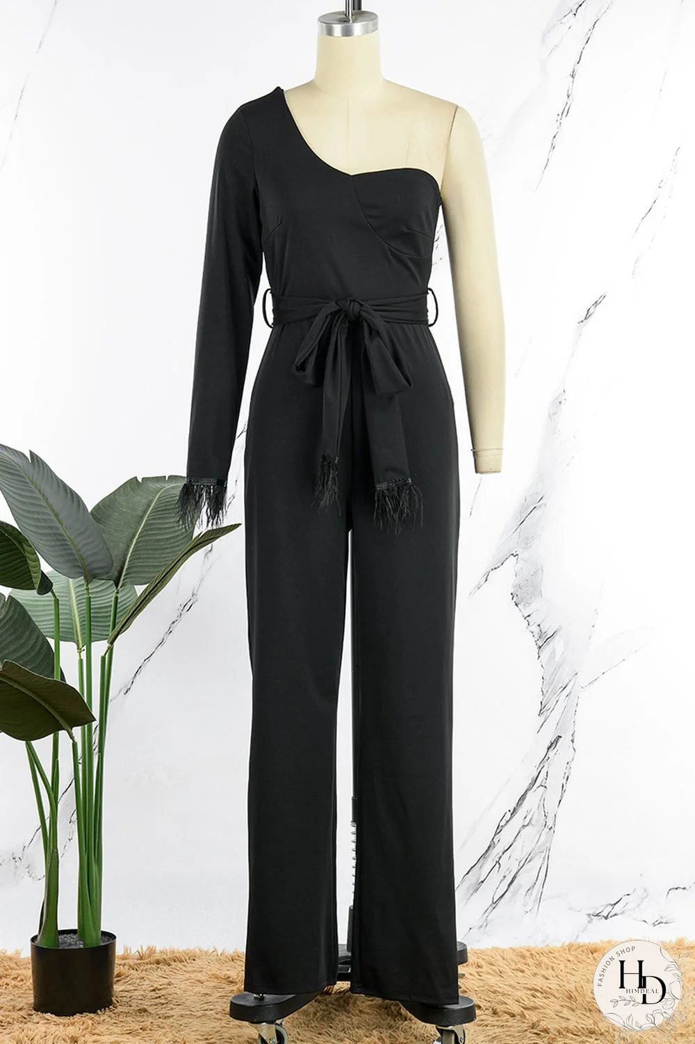 Black Casual Solid Bandage Patchwork Feathers Asymmetrical Collar Regular Jumpsuits